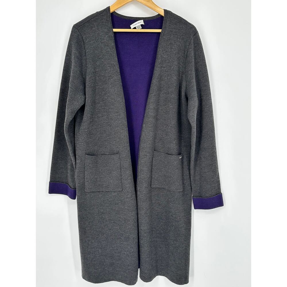 Calvin Klein Open Front Long Cardigan Gray Purple Knit Sweater Coatigan Size L